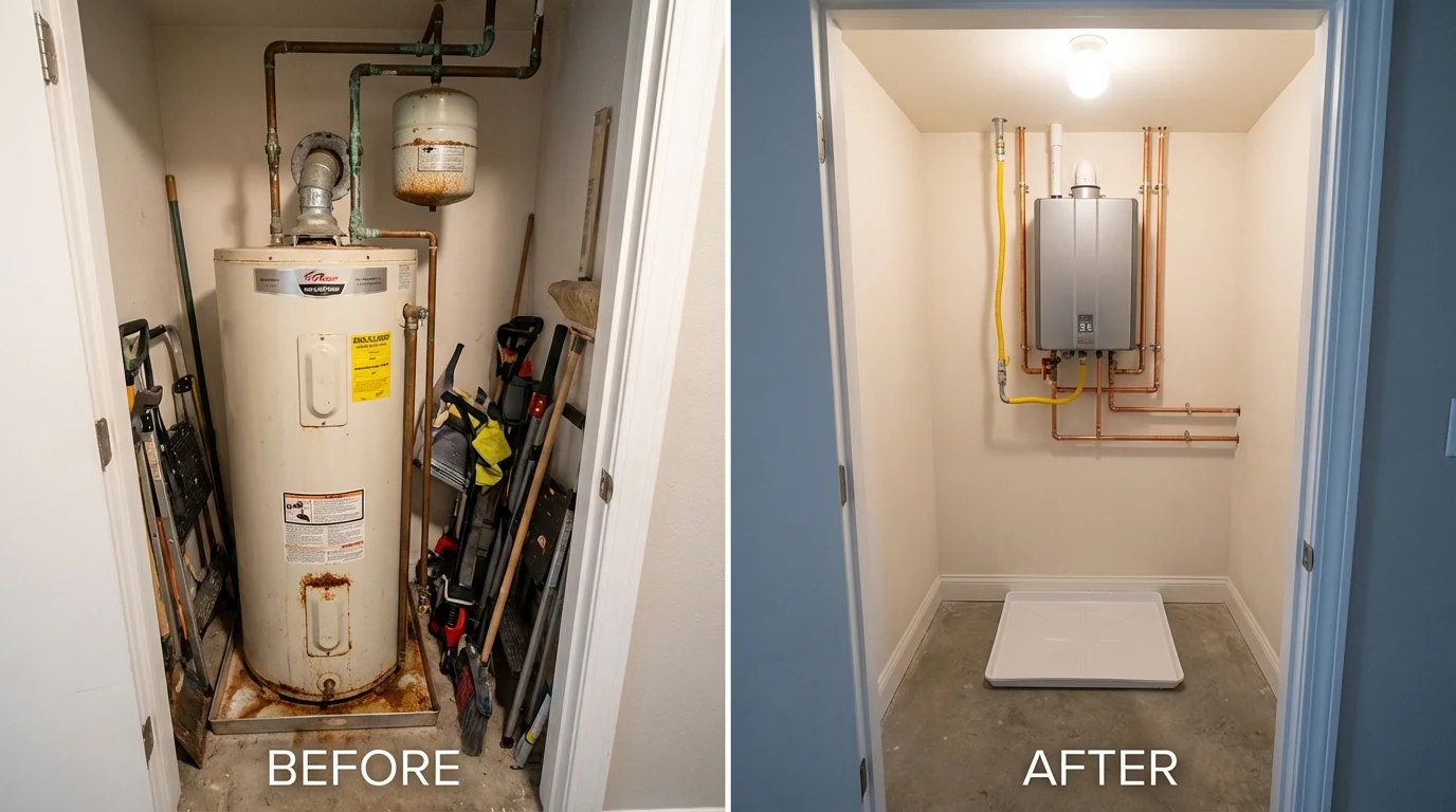 Tank water heater versus wall-mounted tankless unit comparison for Waterloo, NE homeowners