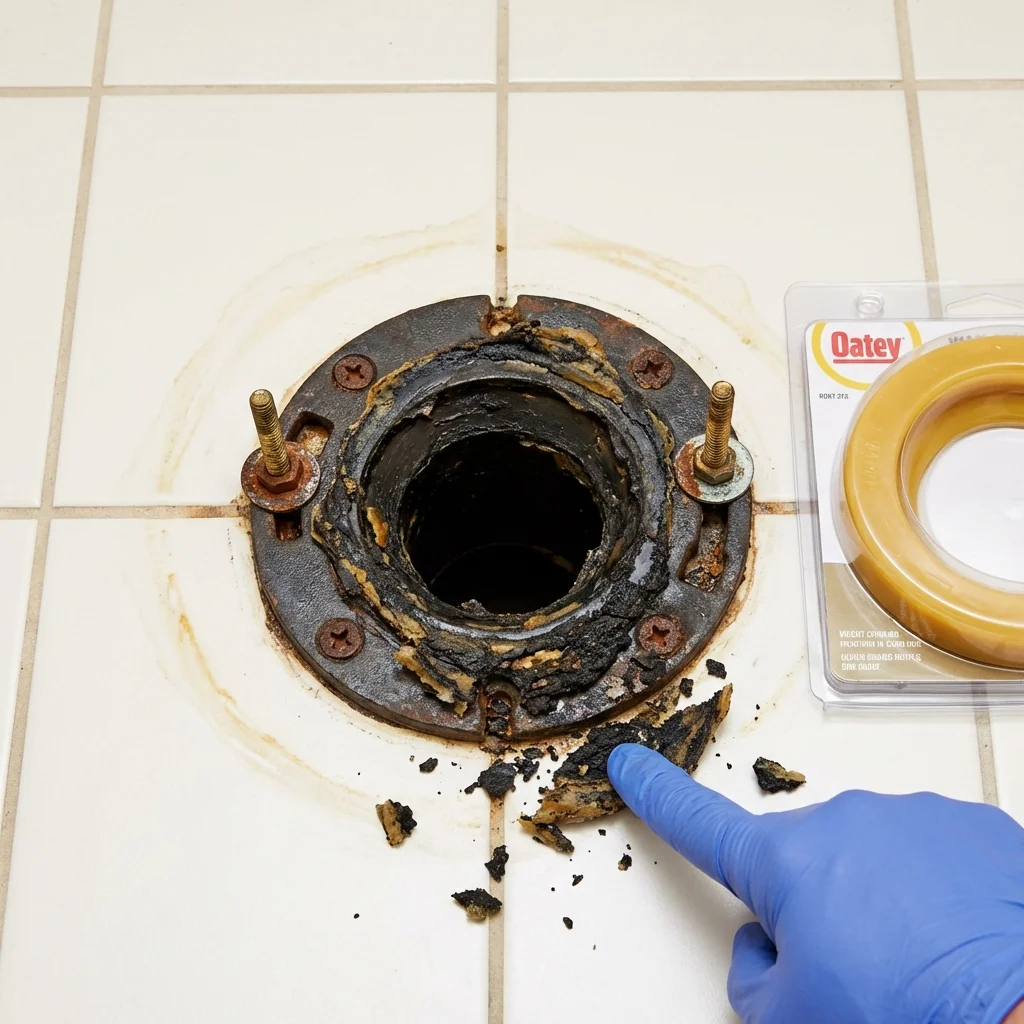 Failed wax ring showing water seepage at the base of a toilet in a Waterloo, NE home