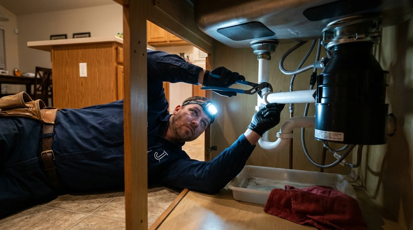 P-trap and supply line connections under a kitchen sink showing a common leak point in Waterloo, NE